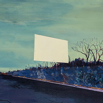 painting of a roadway with a blank billboard in the center